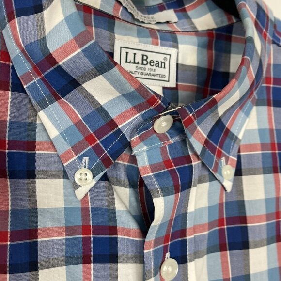 L.L Bean Mens Button Up Long Sleeve Shirt Red White Blue Size Large Tall - Picture 3 of 5